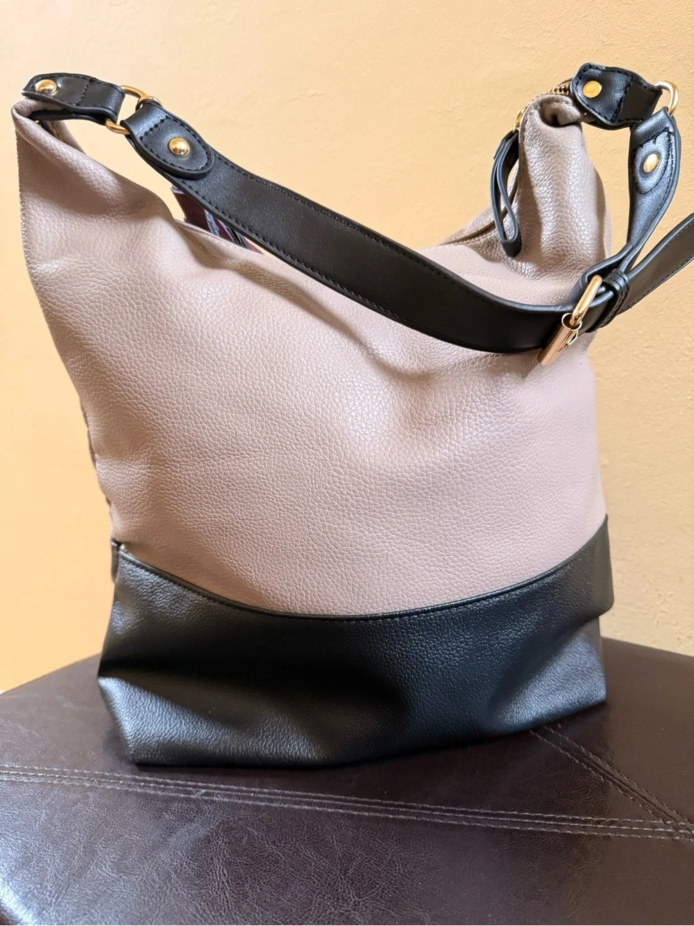 Adrienne Vittadini Taupe & Black Leather Hobo with Multicolor Woven Trim